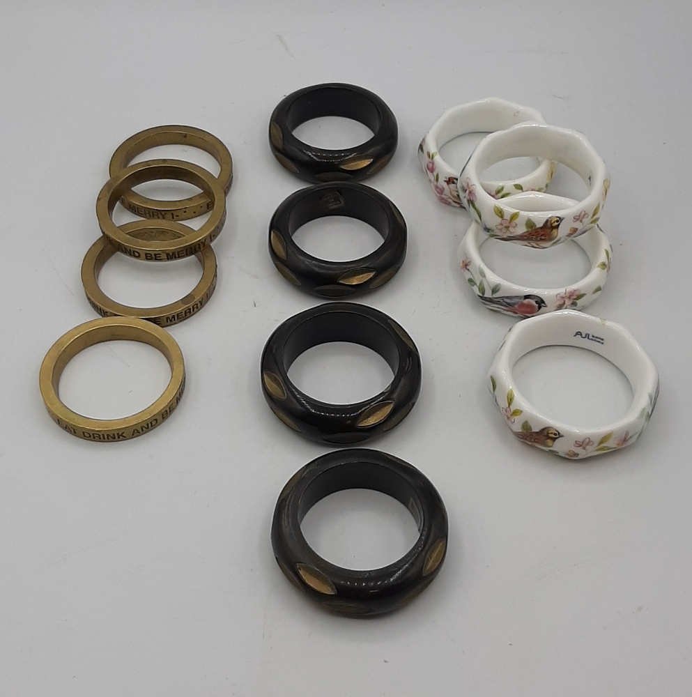 Vintage Napkin Ring Holders Set of Three Ceramic AJL, Wooden India & Brass
